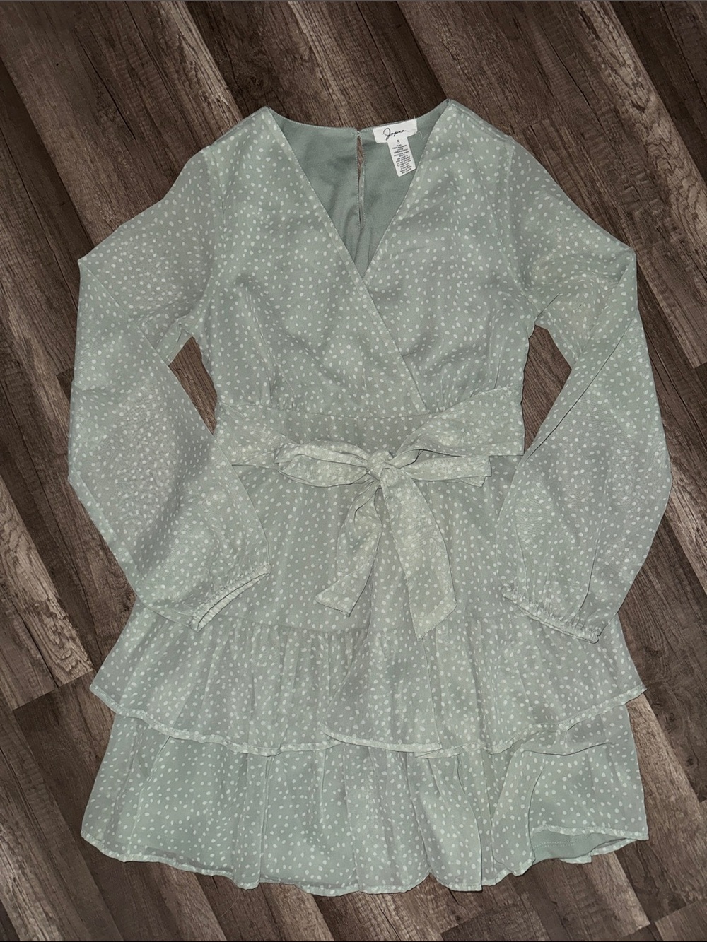 Light Green Sheer sleeve Polka Dot Wrap Dress with Tie Waist.